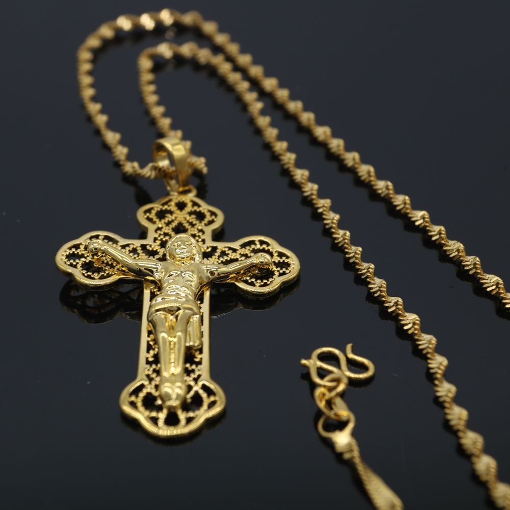 Classic Style Filigree Jesus Pendant Chain18K Yellow Gold Filled Womens Mens Cross Pendant Necklace Crucifix Choker-image-514412374