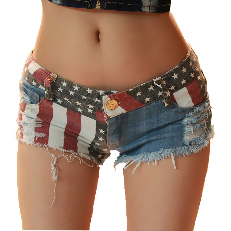 

2019 Women Shorts Jeans Brand Summer Mini Shorts Sexy USA Flag Print Hole Destroyed Booty Denim Short Feminino mujer Plus, Multi