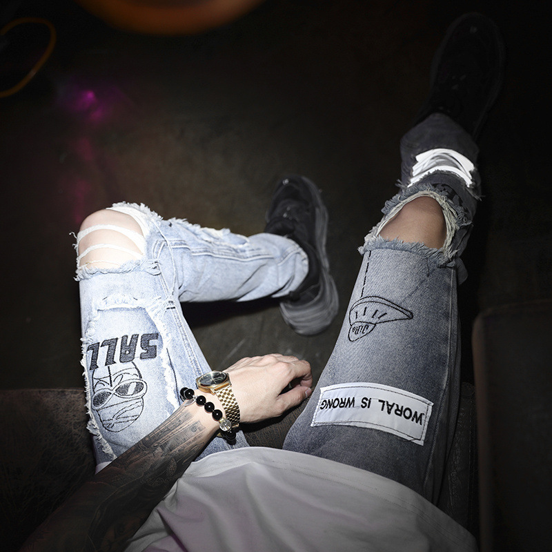

2020 Autumn New Knee Hole Jeans Male Tide Brand Hip Hop Cat Whisker Mens Pants High Street Patch Patch Reflective Man Jean Pants, Blue