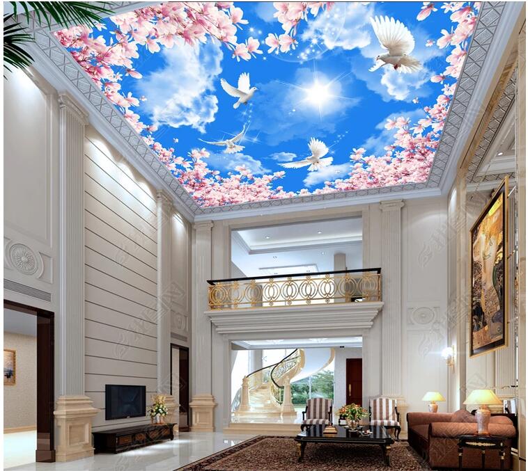 

3d ceiling murals wallpaper custom mural Sky white cloud sunshine flower love dove room home decor 3d wall murals wallpaper for walls 3 d, Non-woven wallpaper