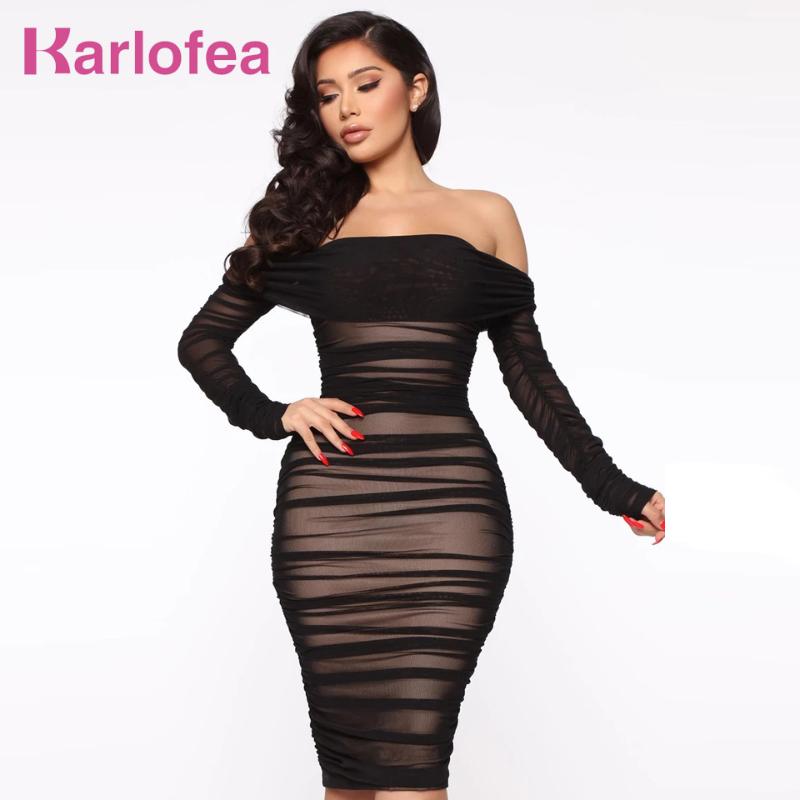 

Karlofea Office Lady New Off Shoulder Ruched Dress Sexy Long Sleeve Bodycon Mesh Midi Dress Simple Elegant Daily Outfit Vestidos, Black