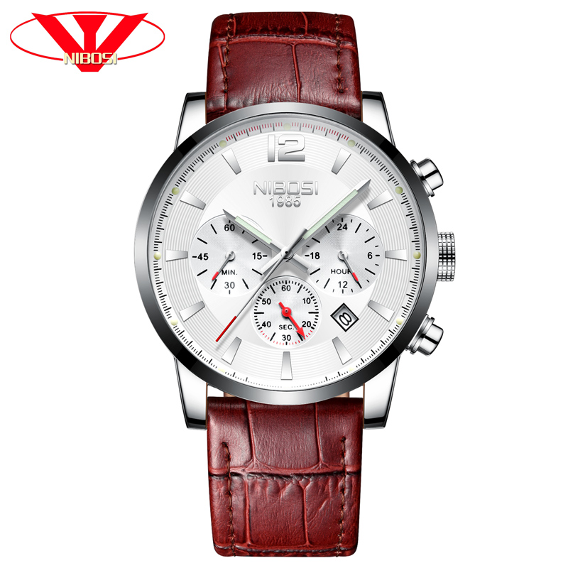 

NIBOSI Mens Watches Top Brand Luxury Men Watch Leather Sport Waterproof Clock Relogio Masculino Quartz Watch Men, Slivery;brown