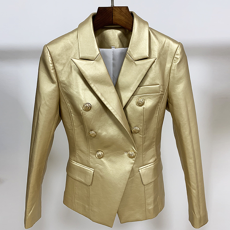 

HIGH STREET Newest 2020 Designer Stylish Blazer Women' Lion Buttons Gold Leather Blazer Jacket, As pic