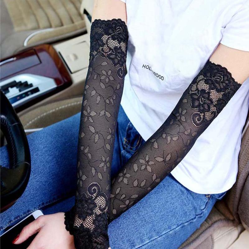 

Summer Women Sexy Lace Gloves Sun-proof Long Lace Fingerless Mittens Covered Scar Elastic Sleeve Ladies Driving Cycling Gloves, White