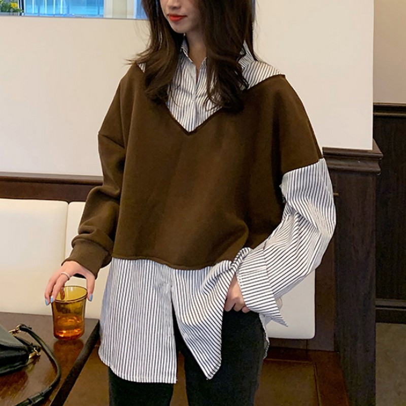 

Spring Autumn Women's Blouse Fake Two Stripe Stitching Women's Shirt Casual Korean Blouse Women Vintage Long Sleeve Women Tops, Brown