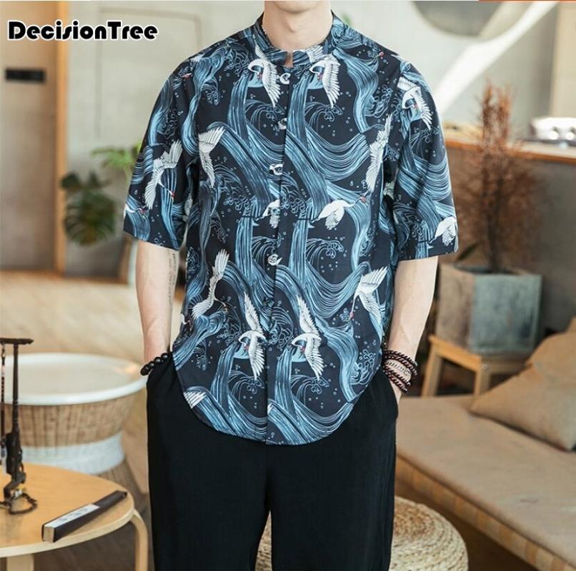 

2020 men's solid shirt half sleeve stand collar half open button casual top men's street wear camisa masculina