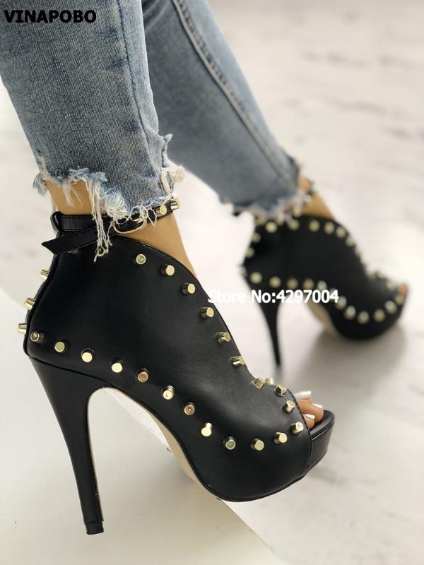

Womens Spring Peep Toe cut out Ankle Boots High Heels Platform Buckle Strap Studs Rivet Gladiator PU Open Toe Black Shoes Bootie, As the picture