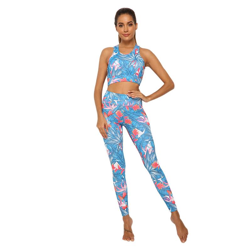 

Women Printed Fitness Suits Running Leggings High Waist Pants Yoga sports Gym Set Summer Sportswear