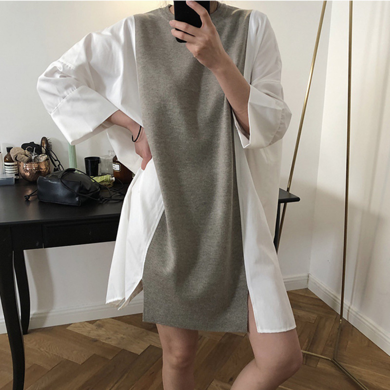 

EWQ]2020 Spring New Long Sleeve O Neck Pullover Knitting Dresses Korea Plus Size Long Sleeve Paneled Fake Two-Shirt Dress QX116, Long black