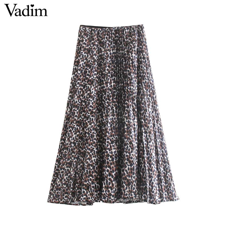 

Vadim women chic leopard pleated skirt elastic waist animal pattern basic female stylish mid calf skirts mujer BA902, As picture