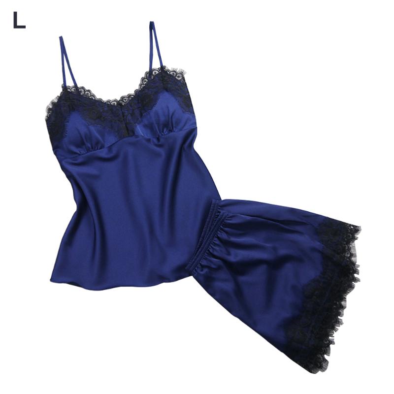 

Woman Pajama Set Nightwear Lace Sleepwear Sexy Sleeveless V Neck Homewear Sling Silk Satin Shorts