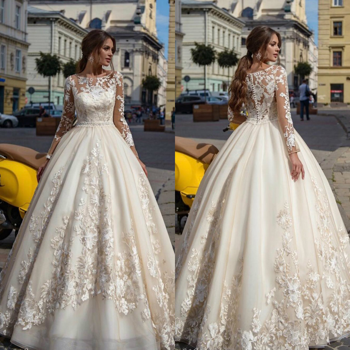 

Elegant Ball Gown Wedding Dress Jewel Neck Long Slevess Applique Wedding Dress Sweep Train Vestidos De Novia, Sage