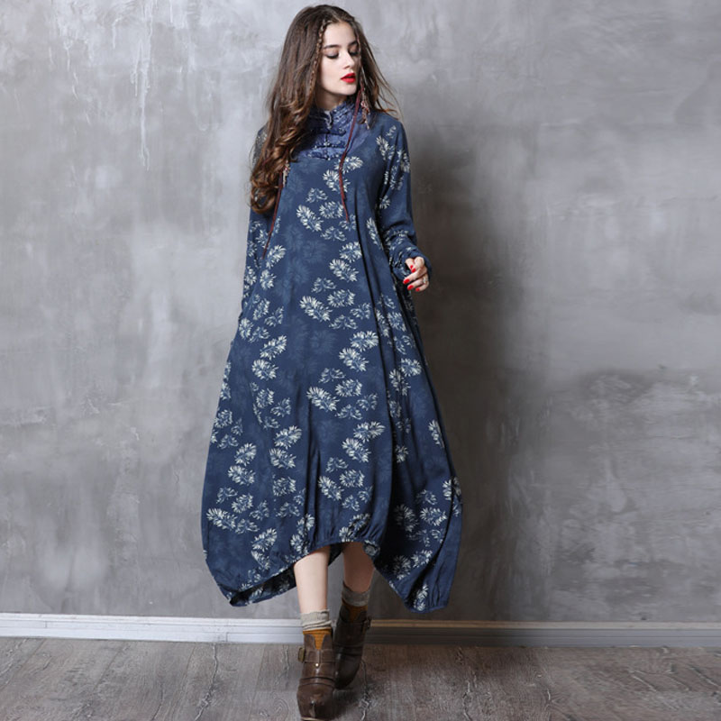 

Johnature 2020 Autumn Fashion Floral Print Stand Plate Buckle Plus Size Dress New Casual Retro Long Sleeve Irregular Women Dress