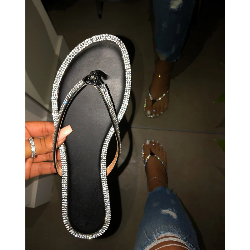 

2020 Women Slippers Summer Flat Beach Slippers Female Crystal Rivets Slides Slipper Shoes For Girls Woman Flip Flops Women Shoes, Black