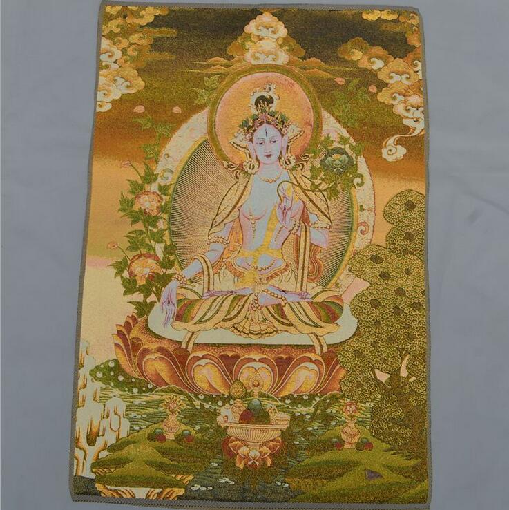 24/" Tibet Buddhism Silk Cloth Guanyin Kwanyin Play pipa Thangka Embroidery Mural