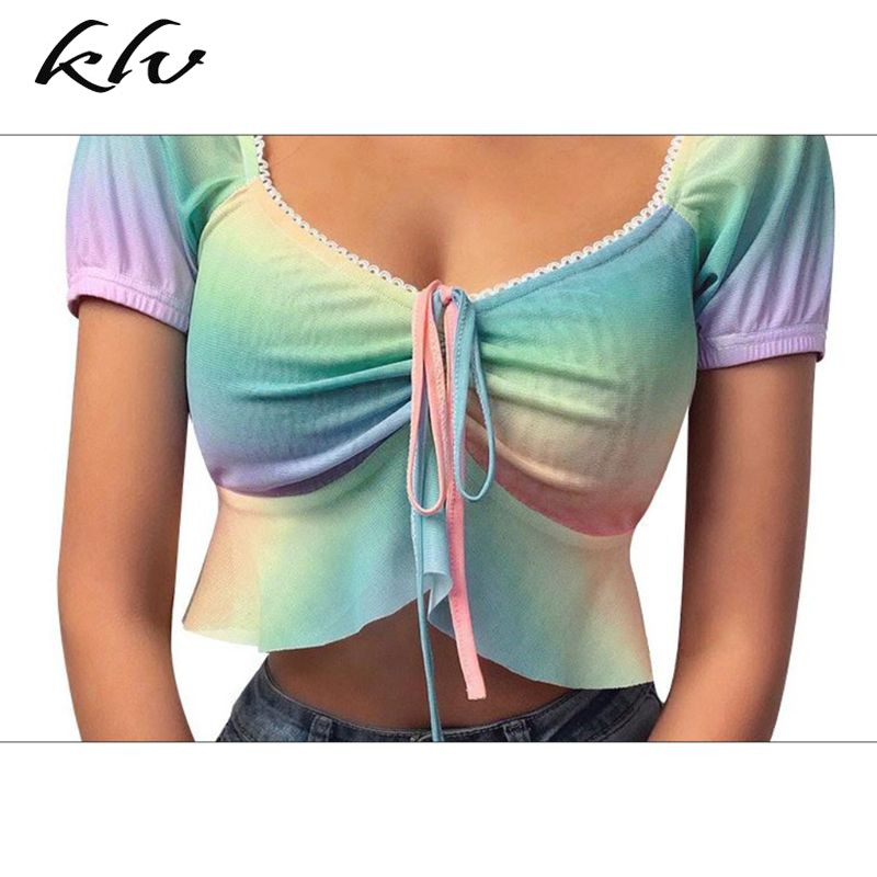 

Women Sexy Mesh Rainbow Tie-Dye Crop Top Deep V-Neck Ruched Self-Tie Drawstring T-Shirt Short Sleeve Ruffles Streetwear, As pic