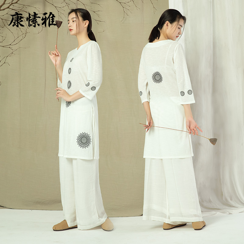 

women yoga set linen tai chi martial arts uniforms quickly dry shirt loose wide leg pant jogger casual fitness set sportswear, White