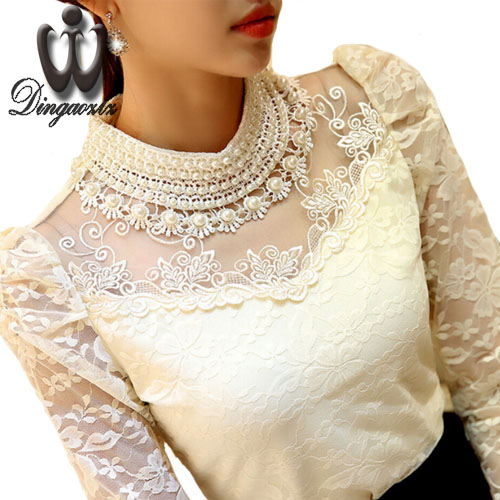 

elegant long sleeve bodysuit beaded Women lace blouse shirts crochet tops blusas Mesh Chiffon blouse female clothing, Beige