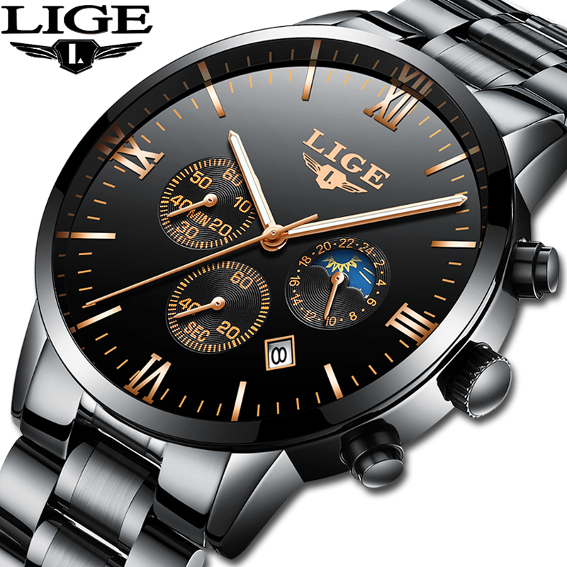

LIGE Watch Famous Men Fashion Quartz Clock Mens Watches Top Brand Luxury Full Steel Business Waterproof Watch Relogio Masculino LY191226, Leather black gold