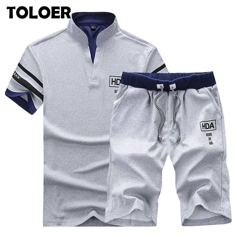 2020 Men's Summer Sets Shorts + Short Sleeve T shirt Men Beach Shorts Tee Male Tracksuits Elastic waist homme Solid color