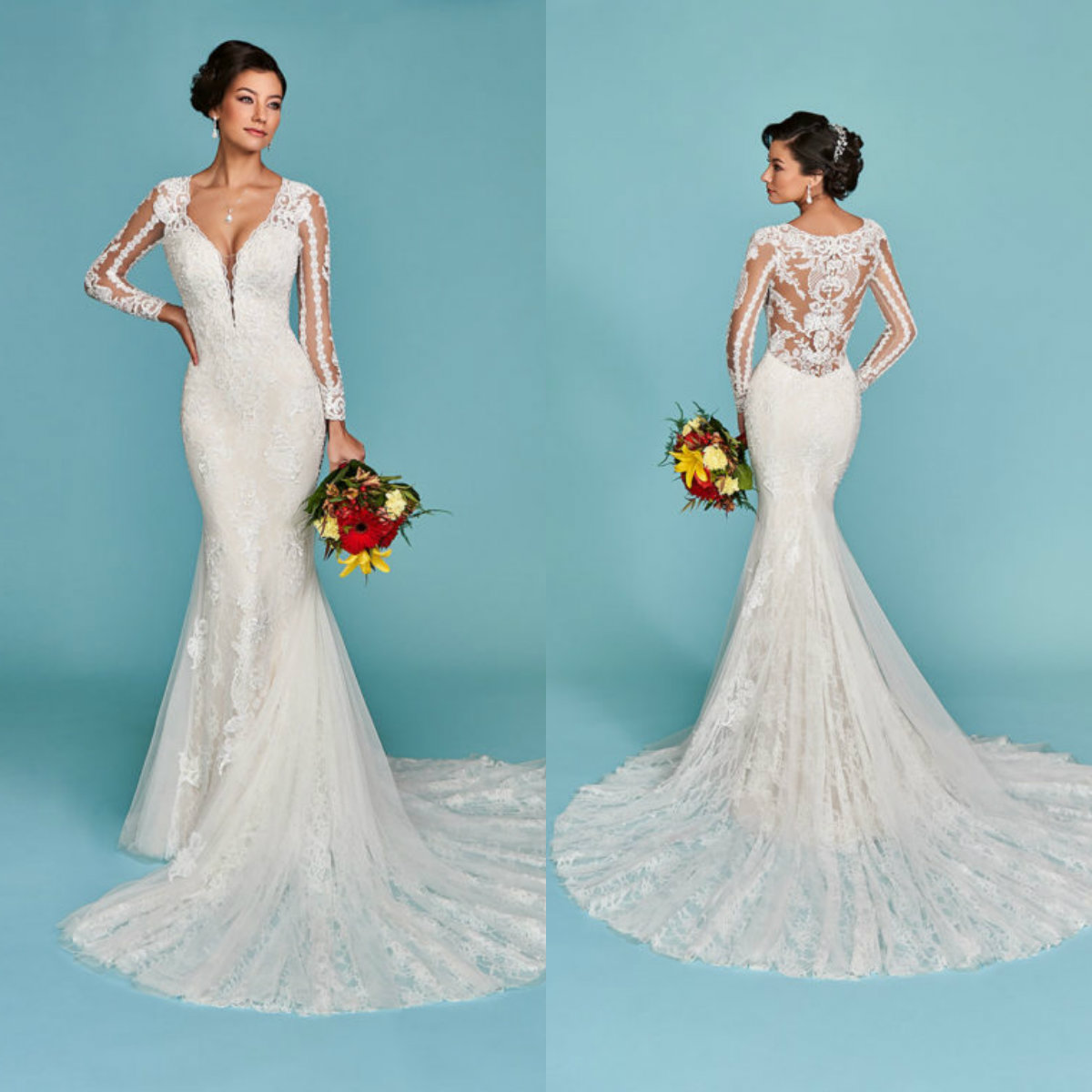 

2020 Mermaid Wedding Dresses Lace Appliqued Pluging Neck Long Sleeve Country Wedding Dress Sweep Train Modest Beach Bridal Gowns, Nude