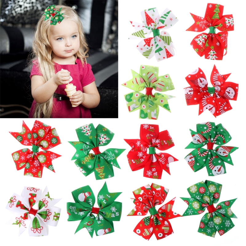 

12Pcs Xmas Christmas Bowknot Hairpin Hair Bow Clips Barrette For Kids Girls, As pic