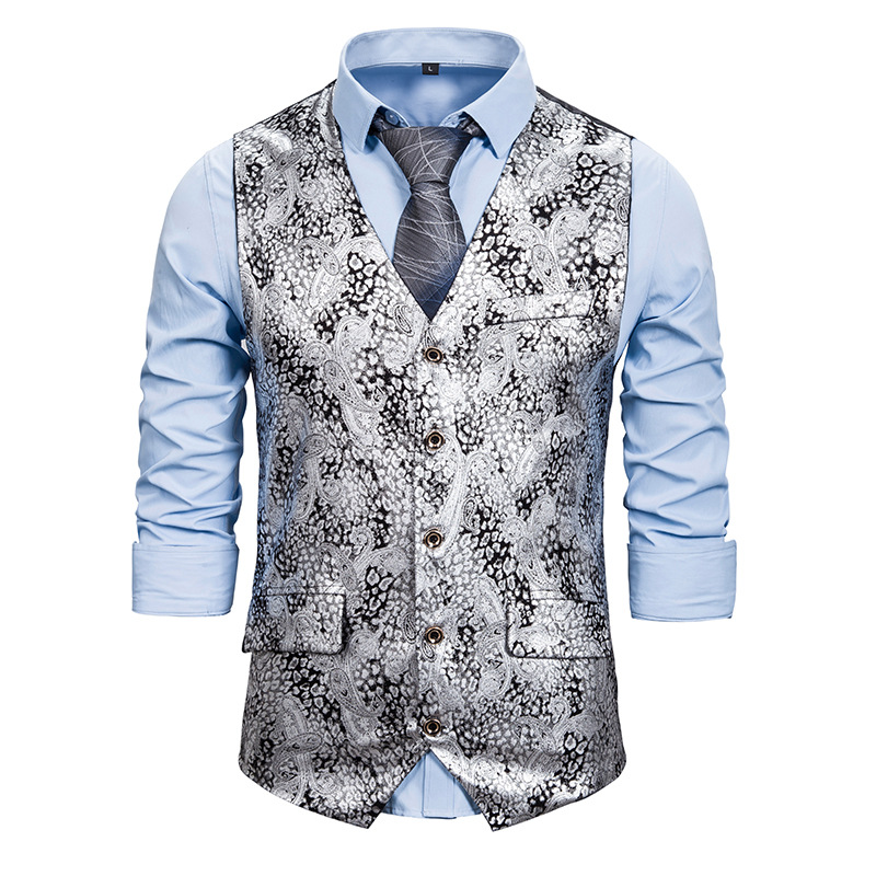 

Men Gold Steampunk Suit Vest Wedding Sleeveless Slim Fit Paisley Floral Dress Vests For Men Double Buttons Waistcoat Gilet Homme