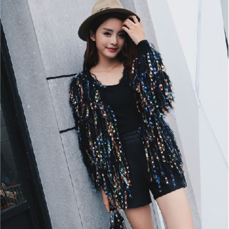 

Lamb Rainbow Color Sequins Sweater tassels knitted jacket cardigan Handmade Mixed Color Fringed velvet fluffy Loose Coat Tops, Black