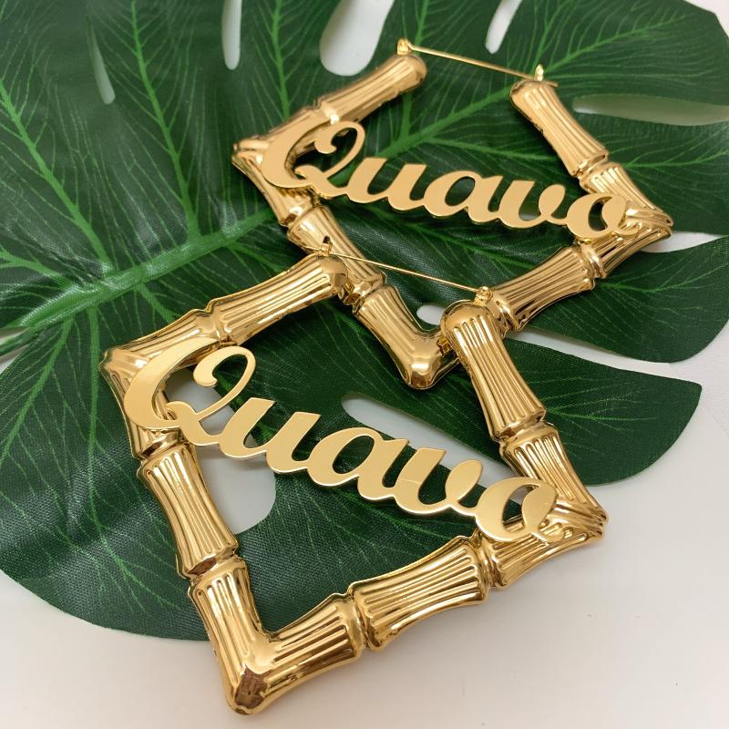 

Hoop & Huggie 100mm Stainless Steel Bamboo Squar Heart Shape Earrings Customize Name Style Custom Numbers