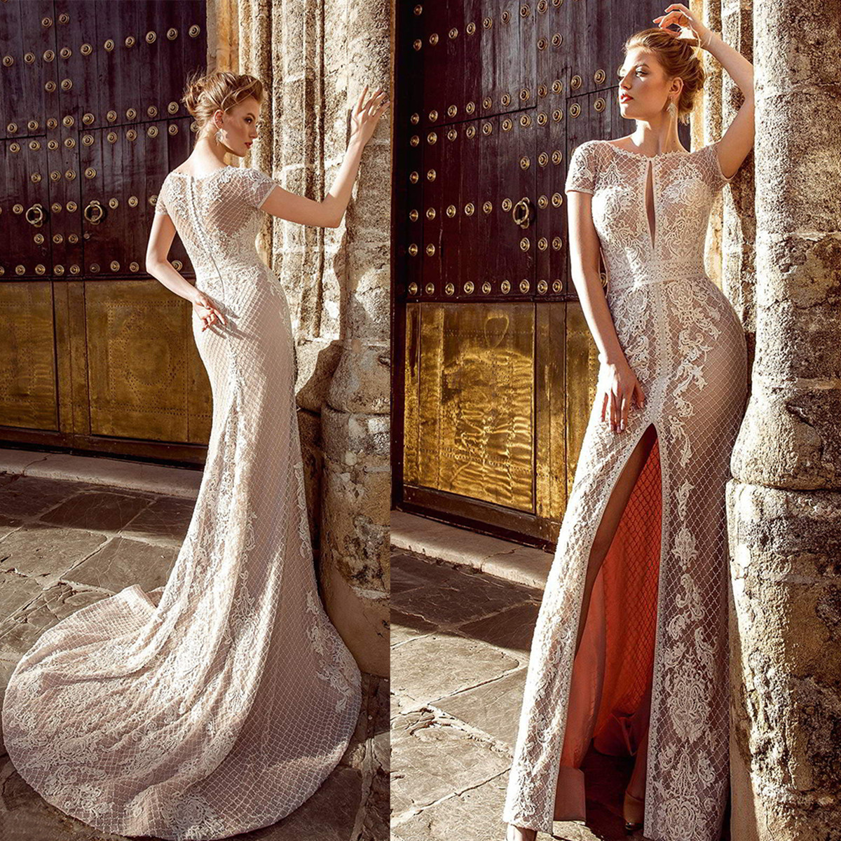 2021 Robes de mariée de la sirène Sirène Capuzé Dentelle Dentelle Appliques Haute Robe de mariée Split Button sur mesure