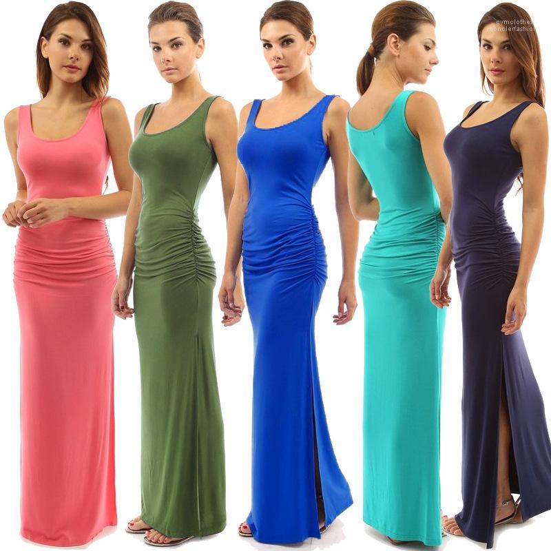 

Up Dresses Women Summer Tank Dress Designer Sleeveless O-neck Long Slim Fit Draped Split, Dark blue