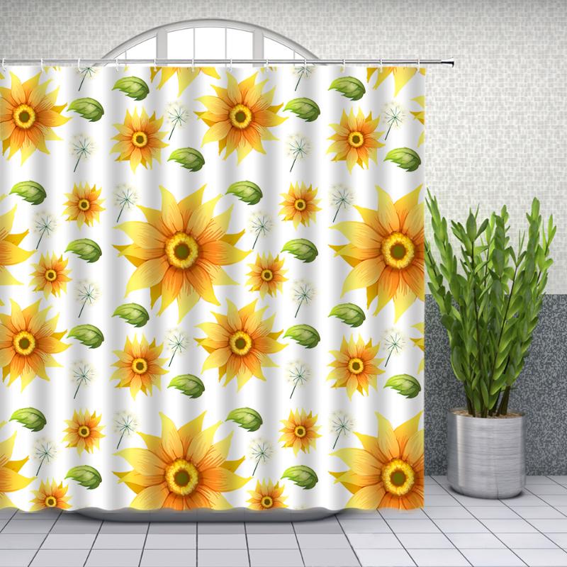 

Flowers Shower Curtains Sunflower Yellow Flower Green Leaf Plant White Bathroom Decor Waterproof Cloth Curtain Set Cheap