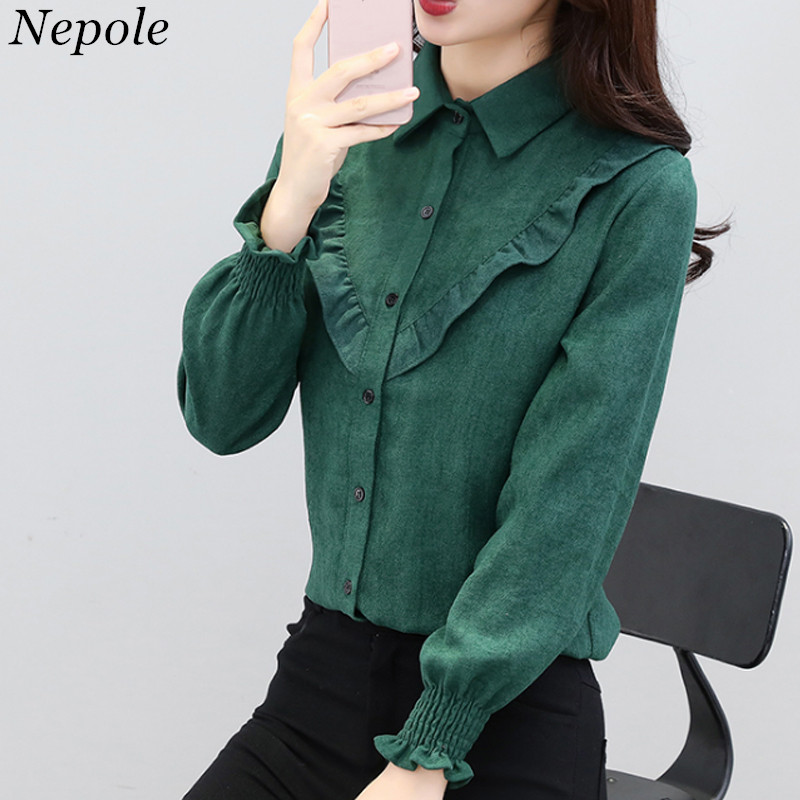 

Neploe Turn Down Collar Ruffles Top 2019 Spring Autumn Elegant Girl New Fashion Shirt Corduroy Solid Women Vintage Blouse 69413, Khaki