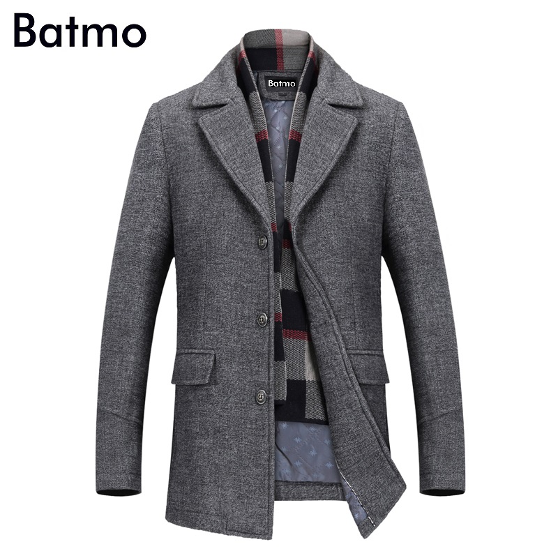 

BATMO 2019 new winter high quality men's turn-down collar wool coats,men 50% woolen Thicker trench coat, Windbreaker jacket, Gray