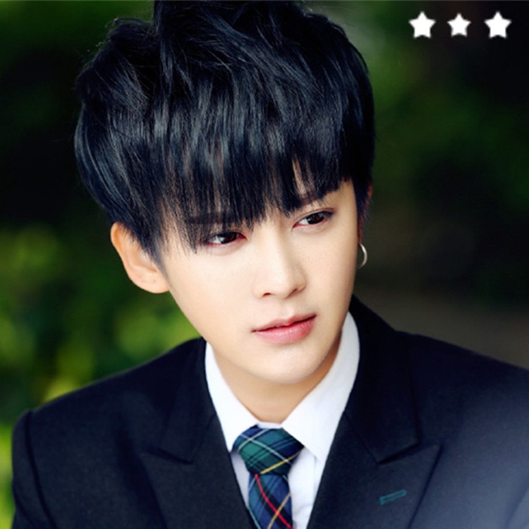 

Korean fashion wig men's short straight hair handsome slanting bangs roll cover factory direct cross-border supply, Black