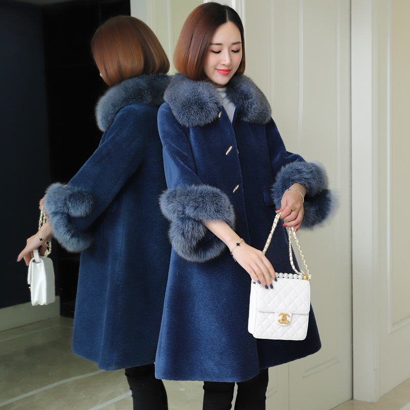 

Sheep sheared coat female spell fur 2019 new winter long section composite fur one Haining coat, Blue