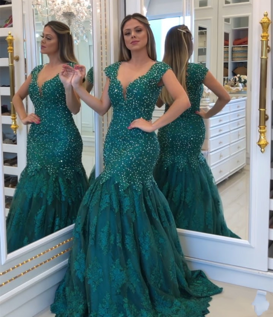 

Mermaid Evening Dress Green Beading Lace Appliques Women Party Prom Gowns Sleeveless Gorgeous V-Neck vestidos largos, Pink