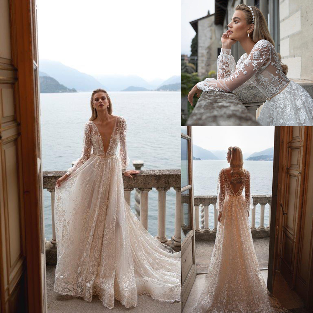 

Julie vino A Line Wedding Dress Deep V Neck Long Sleeves Appliques Backless Tulle Bow Wedding Dresses Sweep Train Boho Bridal Gowns, Same as image