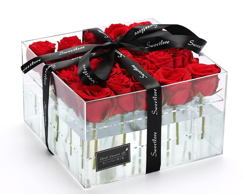 

Festival Souvenir Gifts Cover Plexiglass Decorative Fresh Preserved Rose Flower Preserved Roses In Acrylic Box, Red
