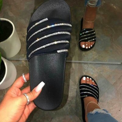 

Rhinestone one-line lady's slippers explosion size plus size outer wear beach flat slippers, Black