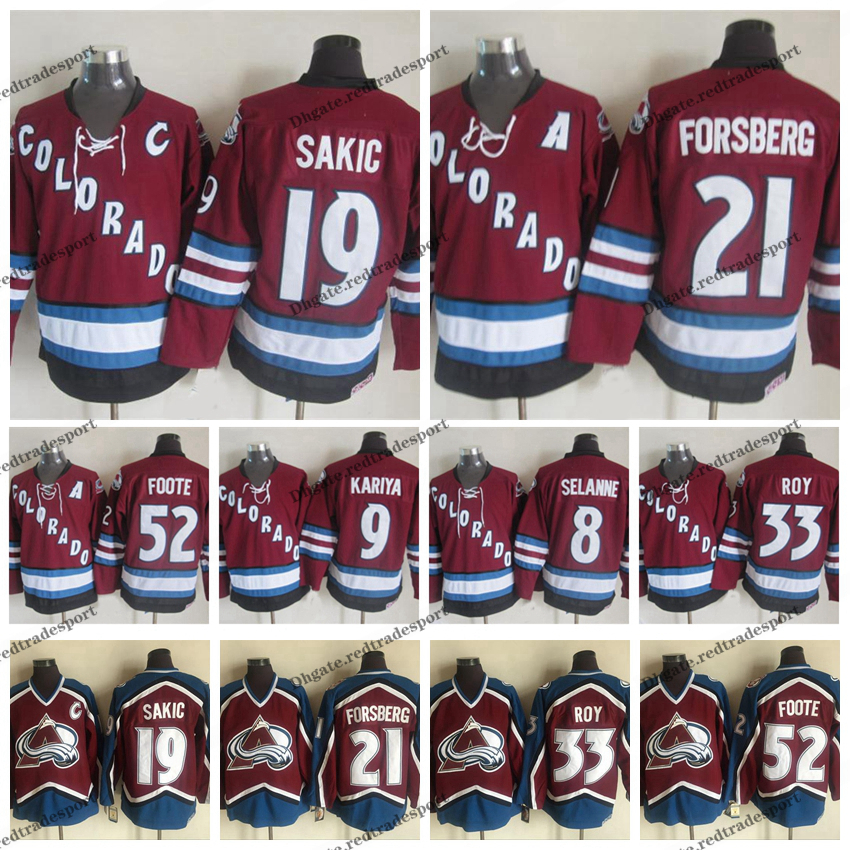 

Vintage Colorado Avalanche Hockey Jerseys 52 Adam Foote 21 Peter Forsberg 8 Teemu Selanne 9 Paul Kariya 19 Joe Sakic 33 Patrick Roy Jersey, 52 red