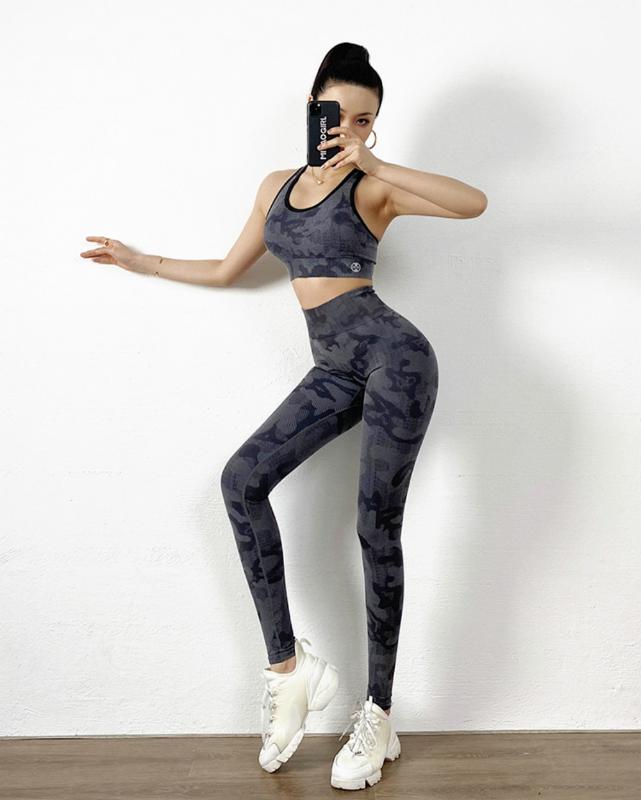 

Camouflage Yoga Set Women Seamless Fitness Yoga Bra Sports Bra High Waist GYM Camo leggings Pants Fitness Suits Workout, Bra blue