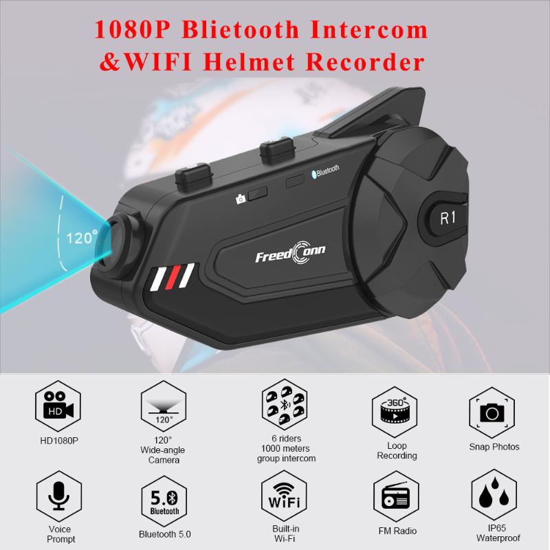 

Freedconn Motorcycle Group Intercom Waterproof HD Lens 1080P Video 6 Riders Bluetooth FM Wifi Helmet Headset R1 Plus Recorder