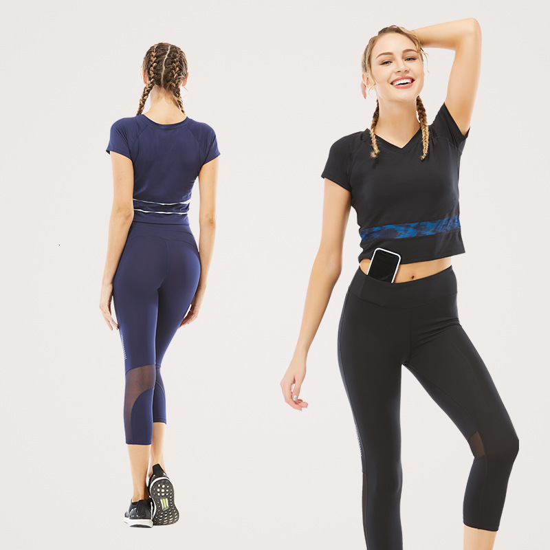 

Outdoor Fitness Serve Sports Leisure Time Speed Dry T Shirt Mesh Contrast Color Split Joint Yoga Serve Suit Woman, Black
