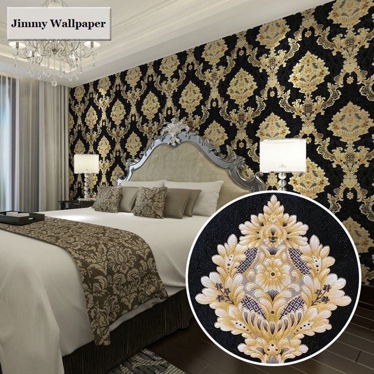 

New High Grade Black Gold Luxury Embossed Texture 3D Damask wallpaper for wall Roll washable Vinyl PVC Wall Paper, As pic