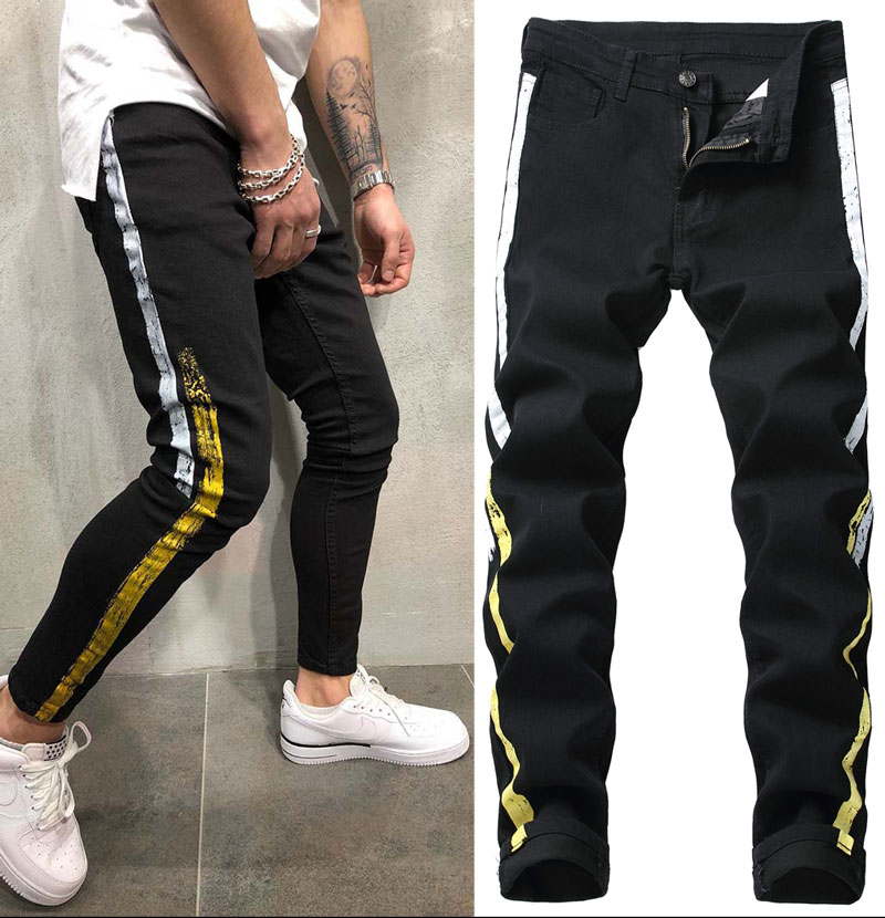 

Mens Skinny jeans Printing casual Runway slim elastic jeans denim pants Washed high quality, B-104