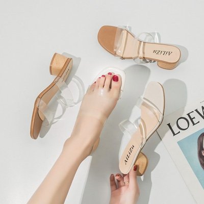 

Net red transparent slippers female summer wear fashion 2020 new word high-heeled middle-heeled thick with wild female slippers, White