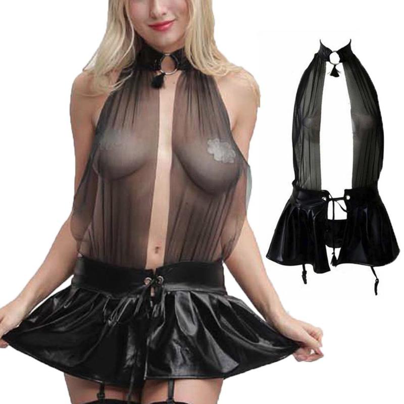 

Fashion Women Cute Sexy Leather Uniforms Temptation Sexy Underwear Skirt Lingerie Hot Erotic Porno Costumi #4J11, Black