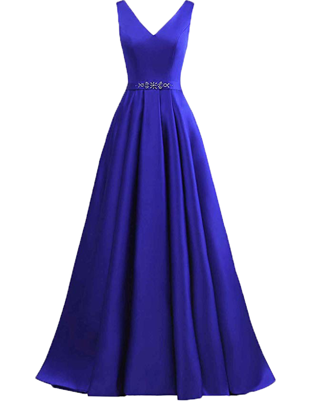 Sexy V Neck Prom Dresses A Line Sleeveless Royal Blue Satin Formal Evening Party Gowns Long Floor Length Beaded Sash robes de soirée-image-371967326