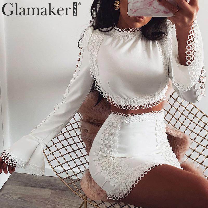 

Glamaker Lace white bodycon mini dress Women two piece suit flare sleeve winter dress Autumn short sexy party club elegant